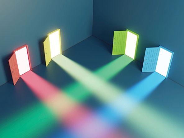image of 4 different coloured doors expelling beams of different coloured light